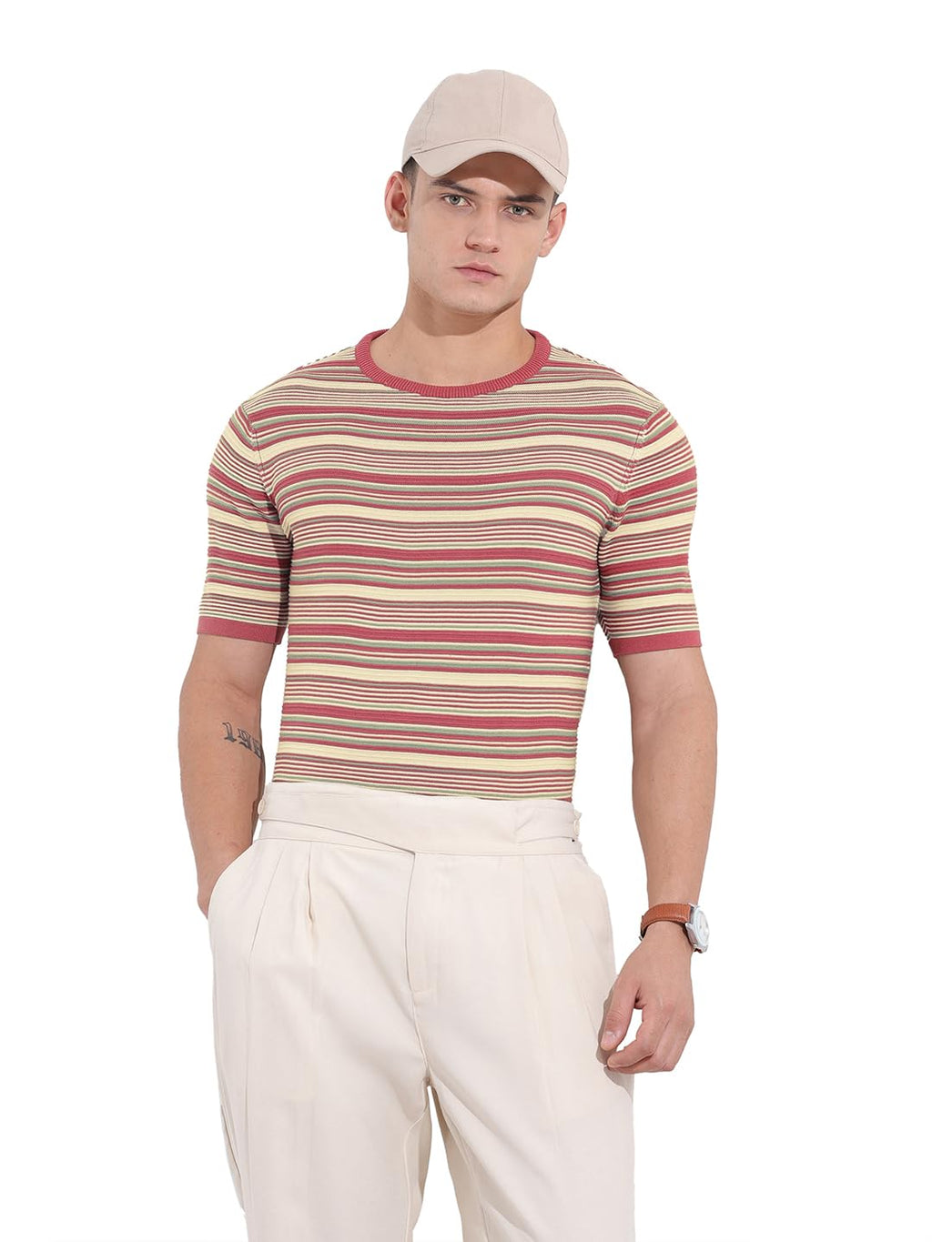 The Indian Garage Co Mens Slim Fit Textured Half Sleeves Crew Neck Flat Knit T-Shirt