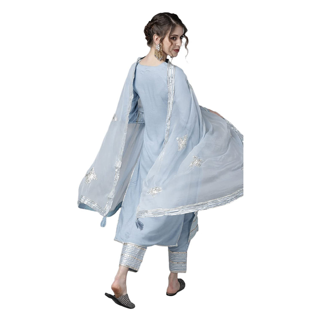 ishin Womens Silk Blue Gota Patti Embroidered A-Line Kurta set With Trouser and Dupatta