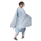 ishin Womens Silk Blue Gota Patti Embroidered A-Line Kurta set With Trouser and Dupatta