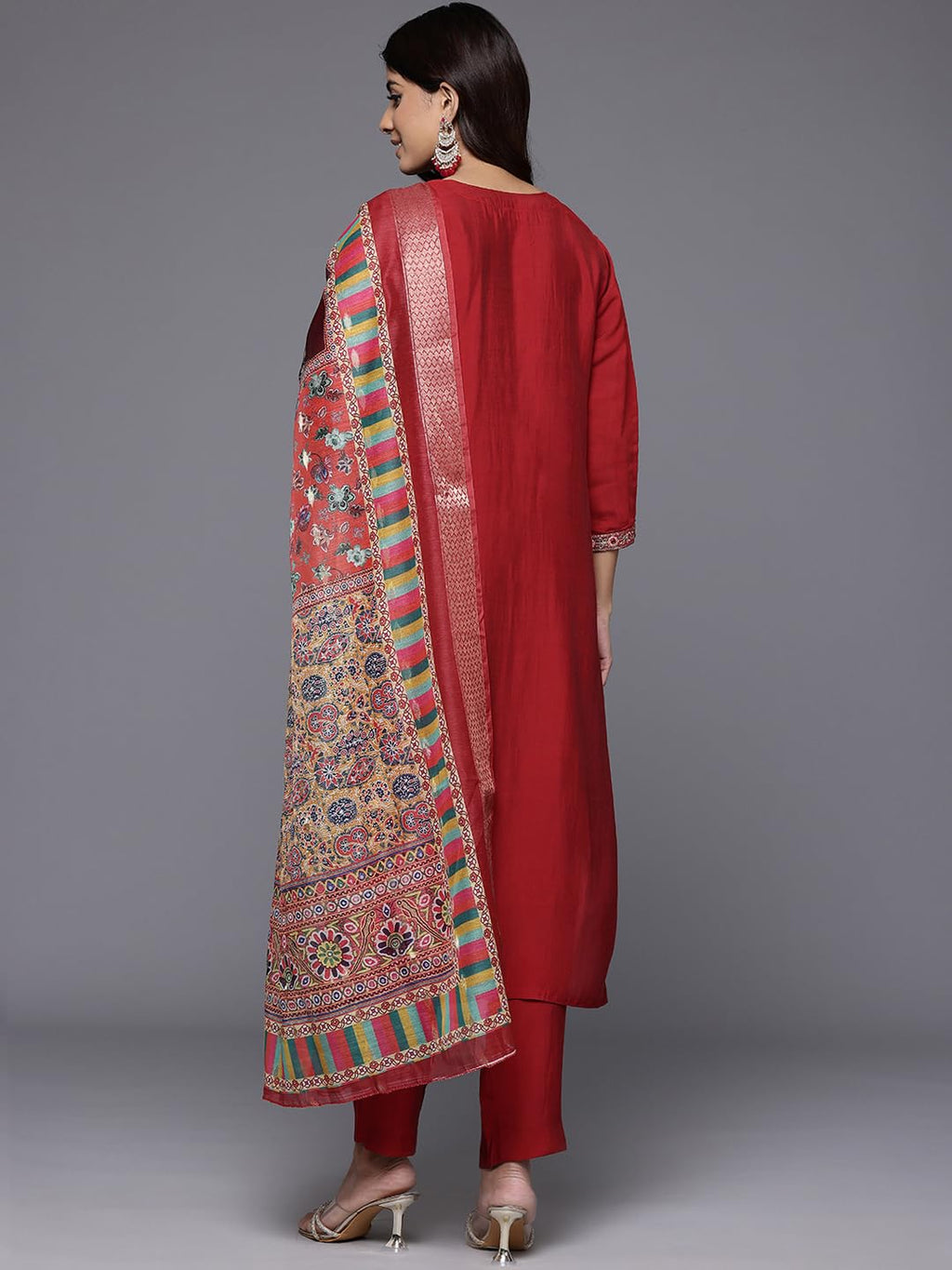 Varanga Women Red Round Neck Placement Embroidered Kurta Paired With Tonal Bottom & Printed Dupatta