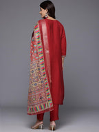Varanga Women Red Round Neck Placement Embroidered Kurta Paired With Tonal Bottom & Printed Dupatta-Karva Chauth Special