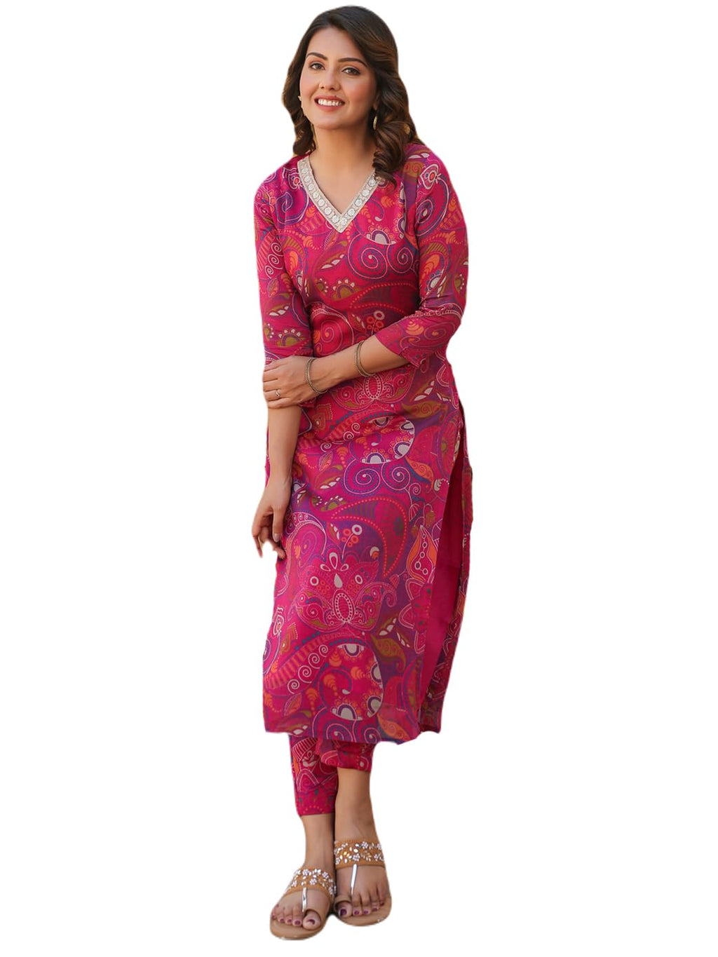 ANNI DESIGNER Womens Rayon Blend Straight Printed Kurta with Pant (Jijaji Pink_S_Pink_Small)
