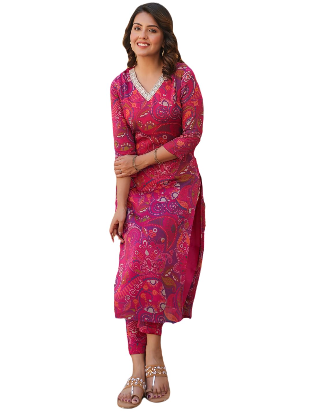 ANNI DESIGNER Womens Rayon Blend Straight Printed Kurta with Pant (Jijaji Pink_S_Pink_Small)