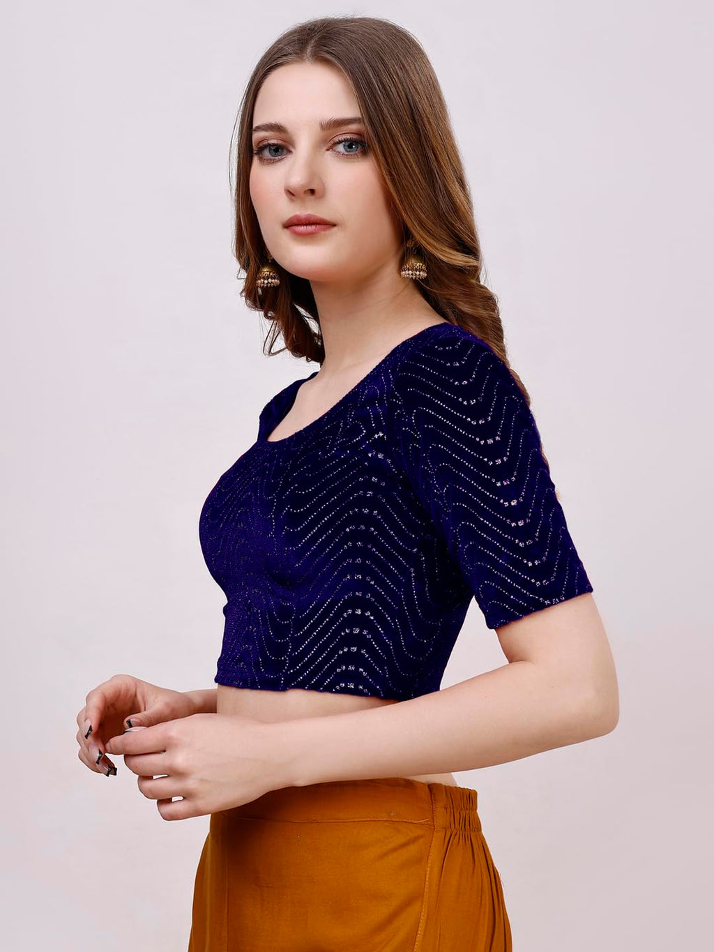 Pujia Mills WomenS Readymade Hosiery Velvet Lycra Stretchable Round Neck Half Sleeve Blouse With Jari Work Fancy Navy Blue Colo