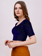 Pujia Mills WomenS Readymade Hosiery Velvet Lycra Stretchable Round Neck Half Sleeve Blouse With Jari Work Fancy Navy Blue Colo
