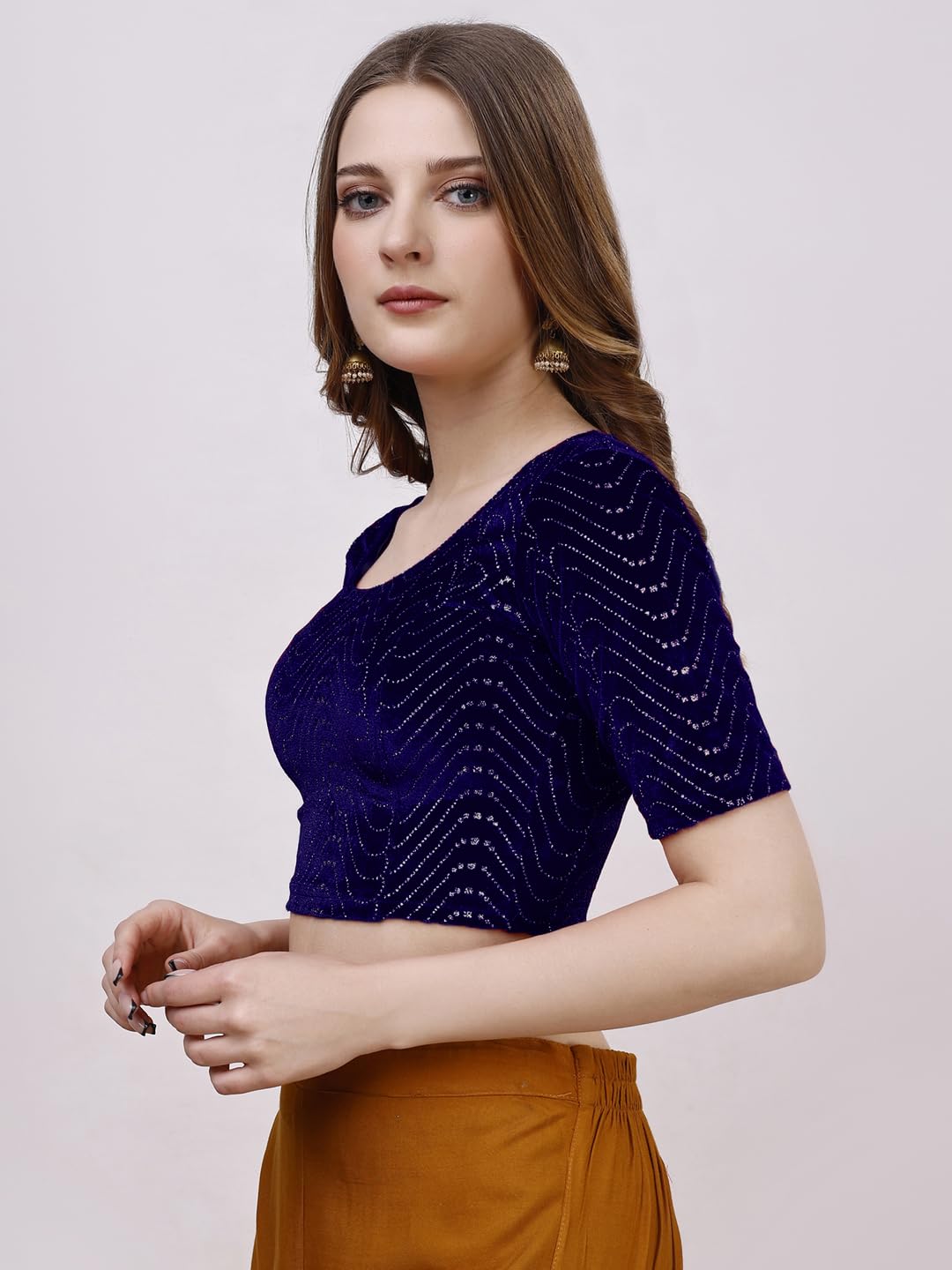 Pujia Mills WomenS Readymade Hosiery Velvet Lycra Stretchable Round Neck Half Sleeve Blouse With Jari Work Fancy Navy Blue Colo