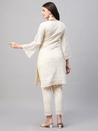 Gosriki Women'S Pure Cotton Chikankari Embroidered Straight Kurta With Pant (Mavak Cream01-Gs)