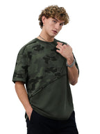 The Souled Store Panel Detail: Forest Camo Men and Boys Short Sleeves Round Neck Green Printed Cotton Oversized T-Shirts