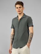 Dennis Lingo MenS| Dark Grey| Half Sleeve| Cuban Collar| Striped| Relaxed Fit| Casual Shirt