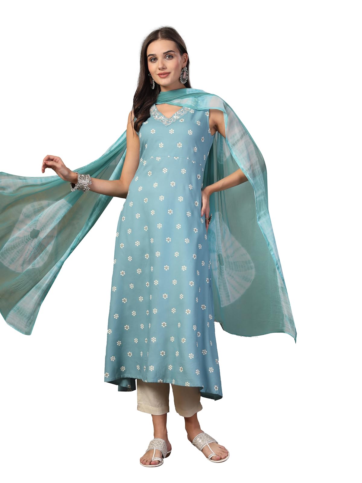 Stylum Womens Floral Printed & Embroidered Rayon A-Line Kurta Dupatta Set (KDSKYRASNA38_Sky Blue, M)