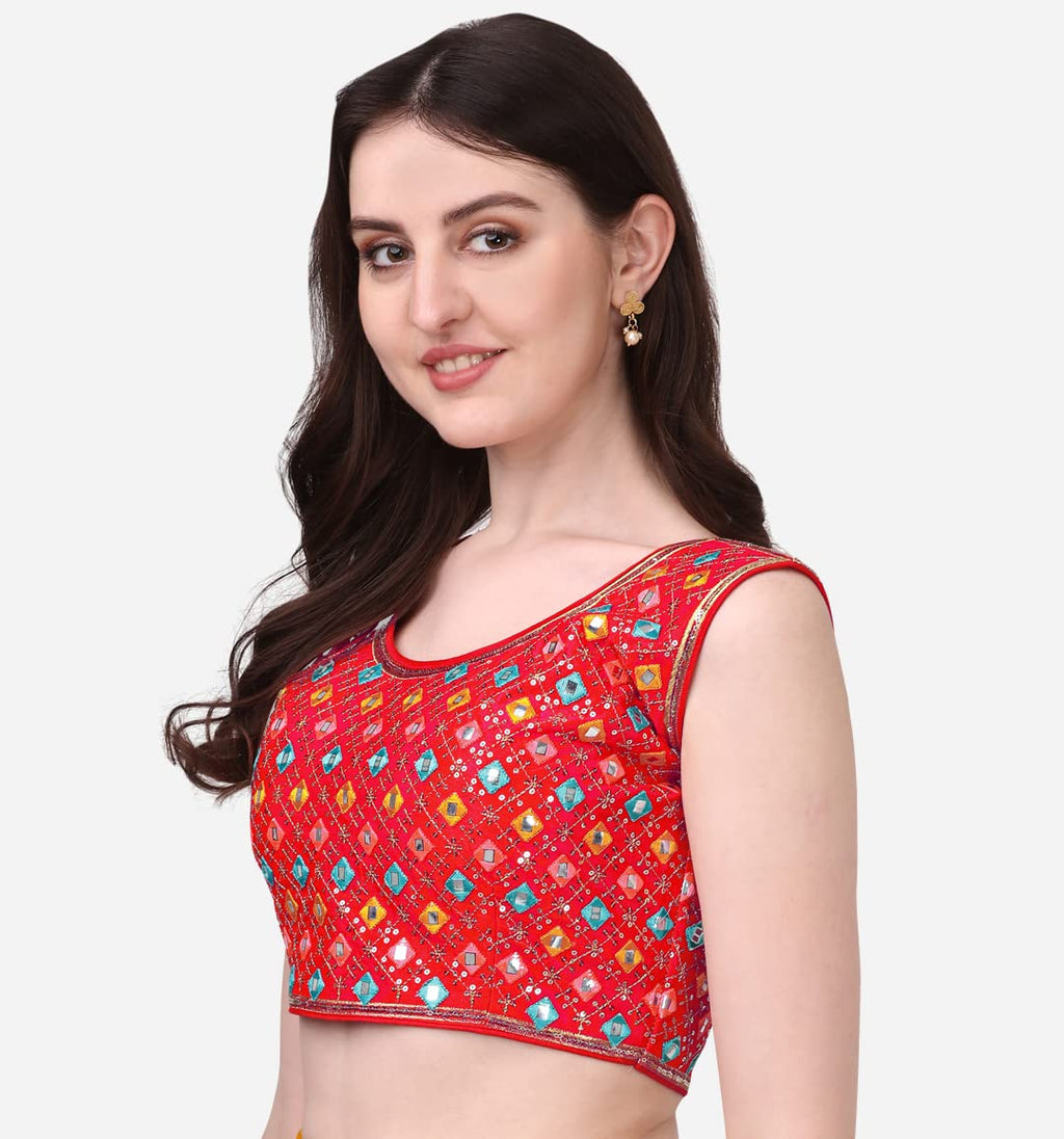 Pujia Mills WomenS Silk Embroidery Foil Work Sleeveless Readymade Saree Blouse