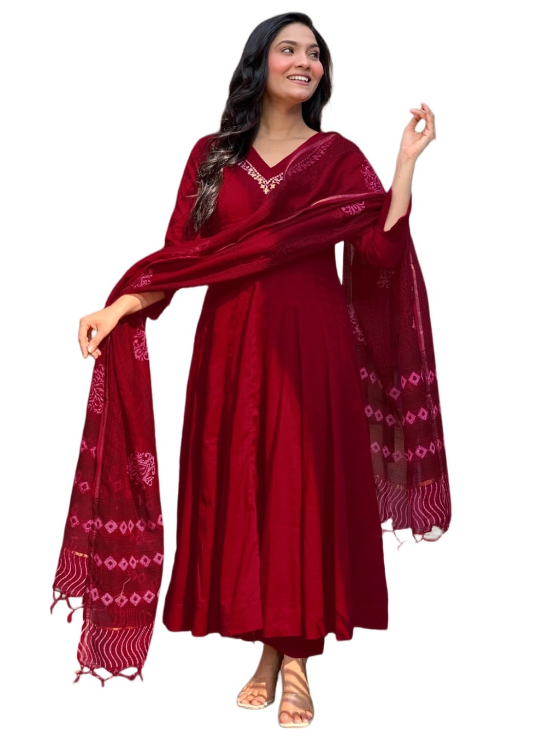 Gosriki WomenS Viscose Gown Kurti Embroidery Kurta With Pant And Dupatta (Eiravati RedGs_S_Red_Small)