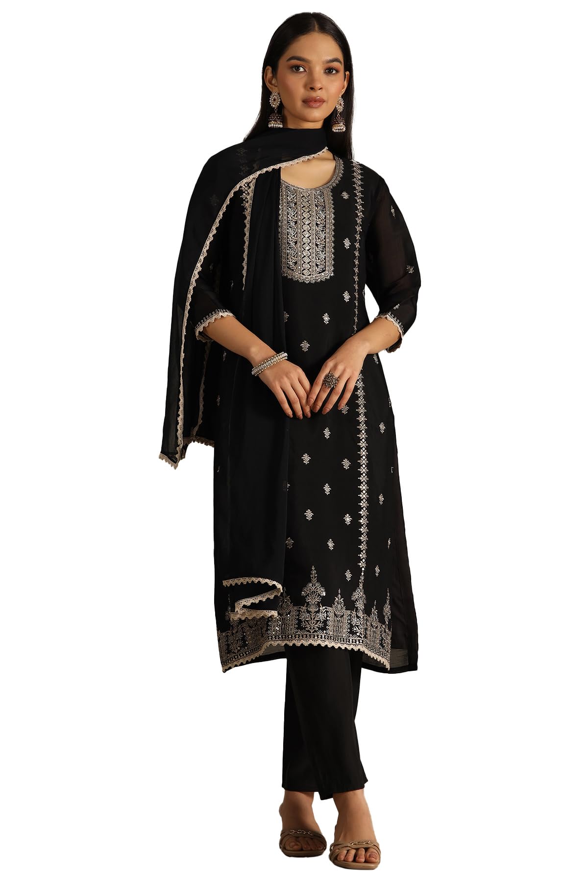 Soch Women Chanderi Embroidered Suit Set with Sequins