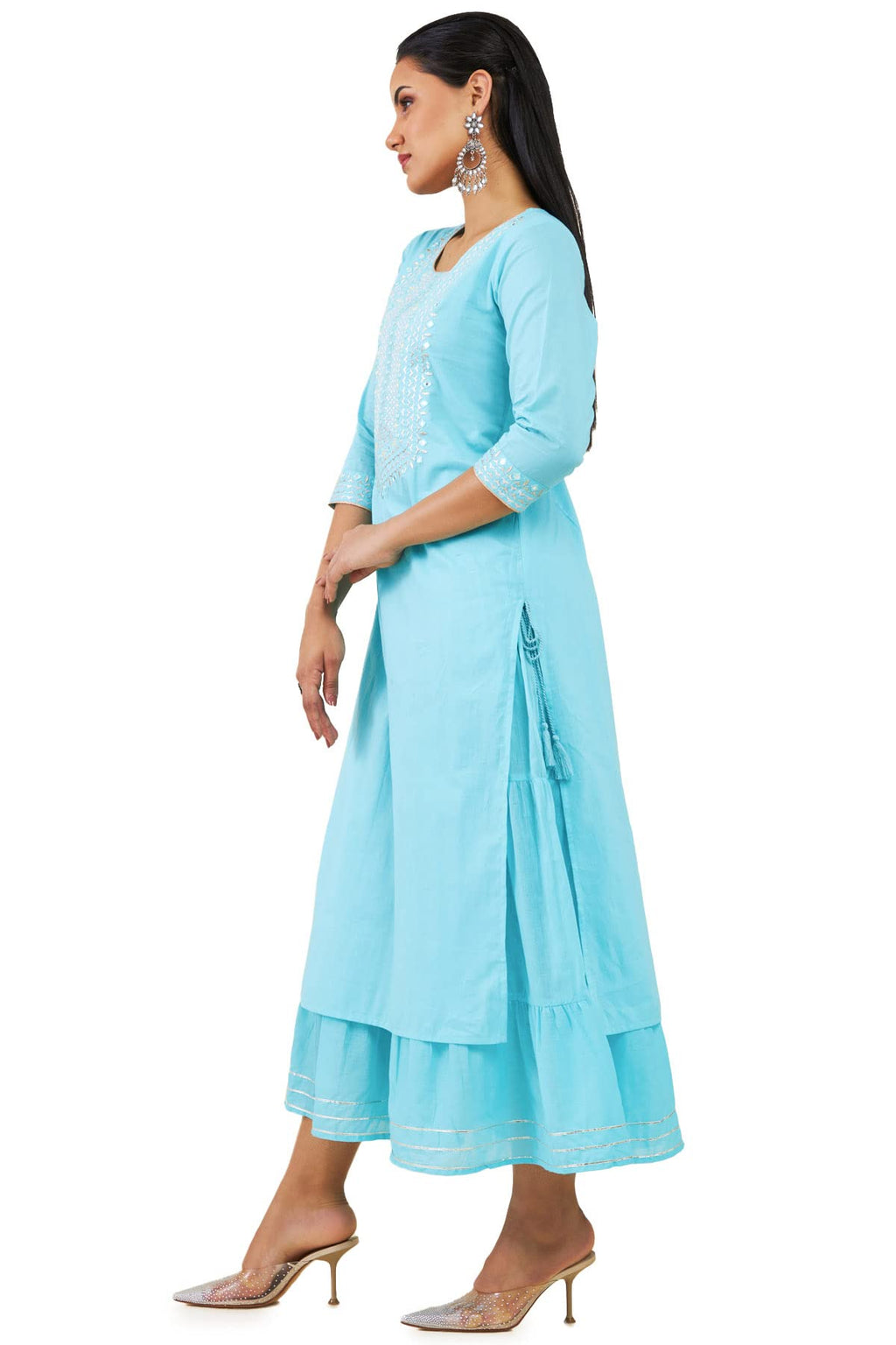 Soch Women Turquoise Cotton Embroidered Dress Kurta