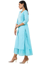 Soch Women Turquoise Cotton Embroidered Dress Kurta