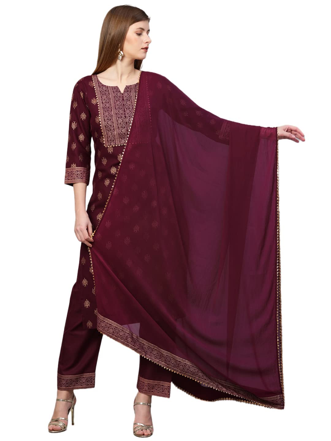ANNI DESIGNER Womens Cotton Straight Kurta with Pant & Dupatta (KPTD-COT-10132-Wine_S_Wine_Small)