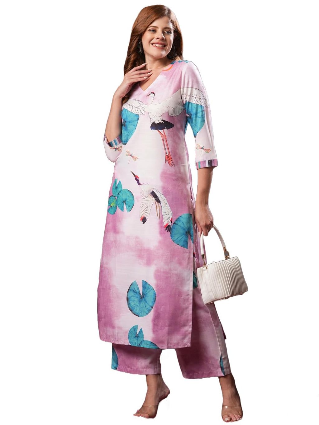 ANNI DESIGNER Womens Cotton Blend Straight Printed Kurta with Palazzo (Swans Baby Pink_L_Baby Pink_Large)