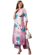 ANNI DESIGNER Womens Cotton Blend Straight Printed Kurta with Palazzo (Swans Baby Pink_L_Baby Pink_Large)