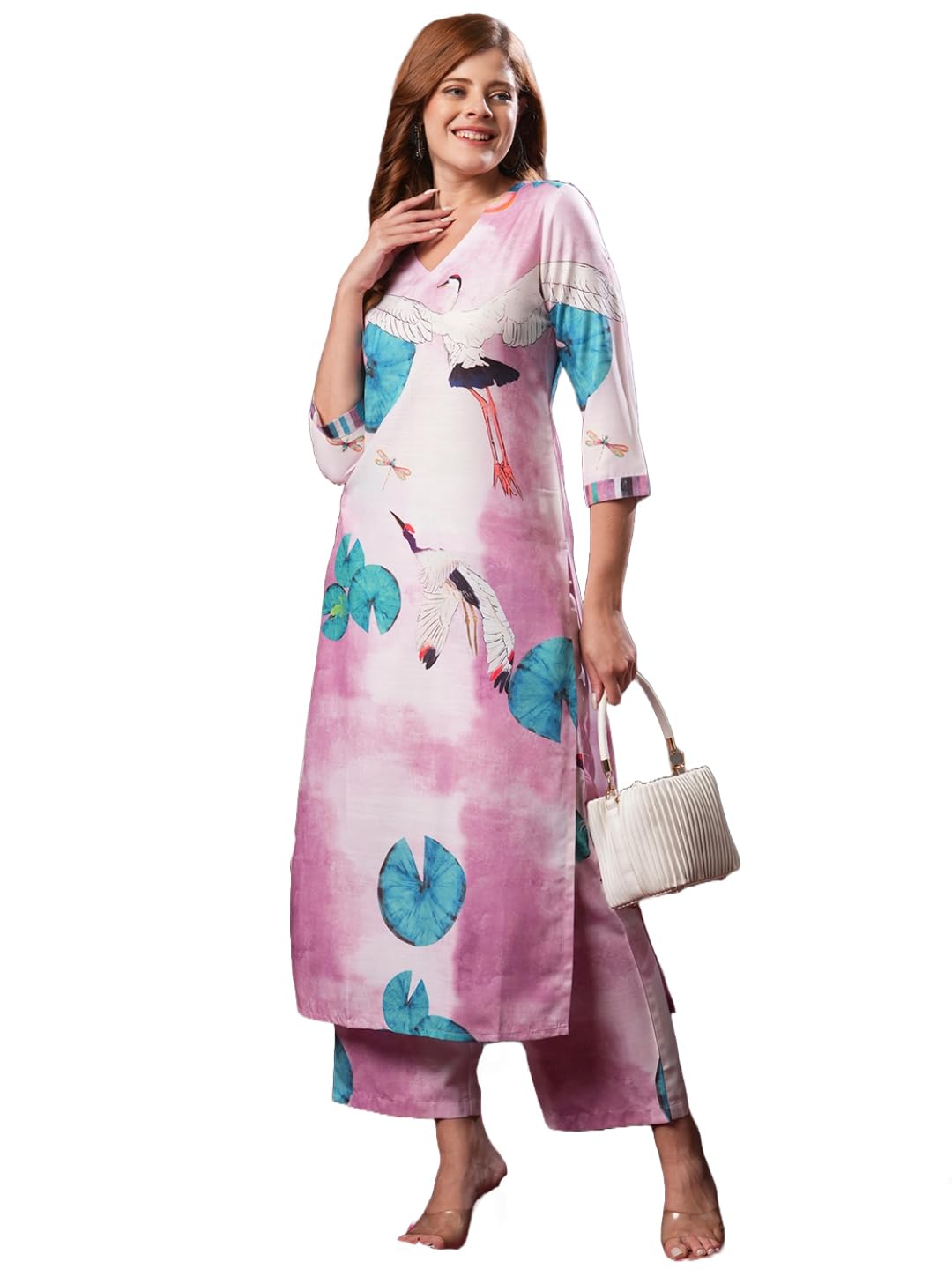 ANNI DESIGNER Womens Cotton Blend Straight Printed Kurta with Palazzo (Swans Baby Pink_L_Baby Pink_Large)