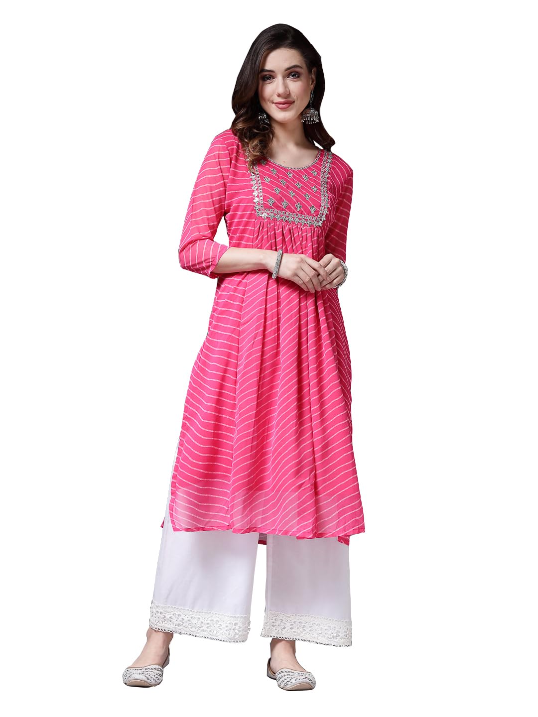 Stylum Women'S Lehariya Printed & Embroidered Georgette Naira Cut Kurta (Townpink36_Pink, S)