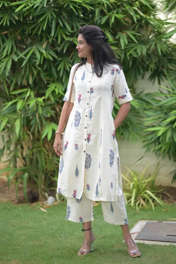 ANNI DESIGNER Womens Rayon Viscose Straight Printed Kurta with Pant (Barkat Cream_M_Cream_Medium)