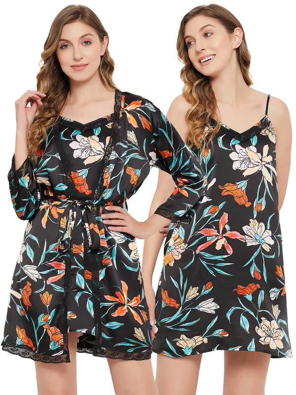 Clovia Womens Satin Pretty Florals Short Night Dress & Robe Set (NS1497P13_Black_XXL)
