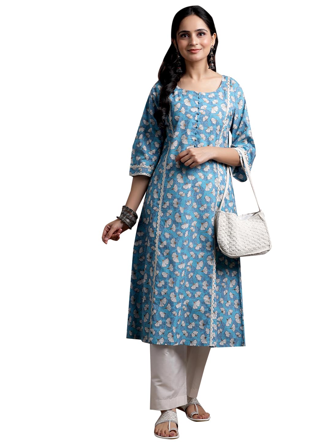 Libas Women Cotton Regular Printed A-Line Kurta (29014R Blue, Small