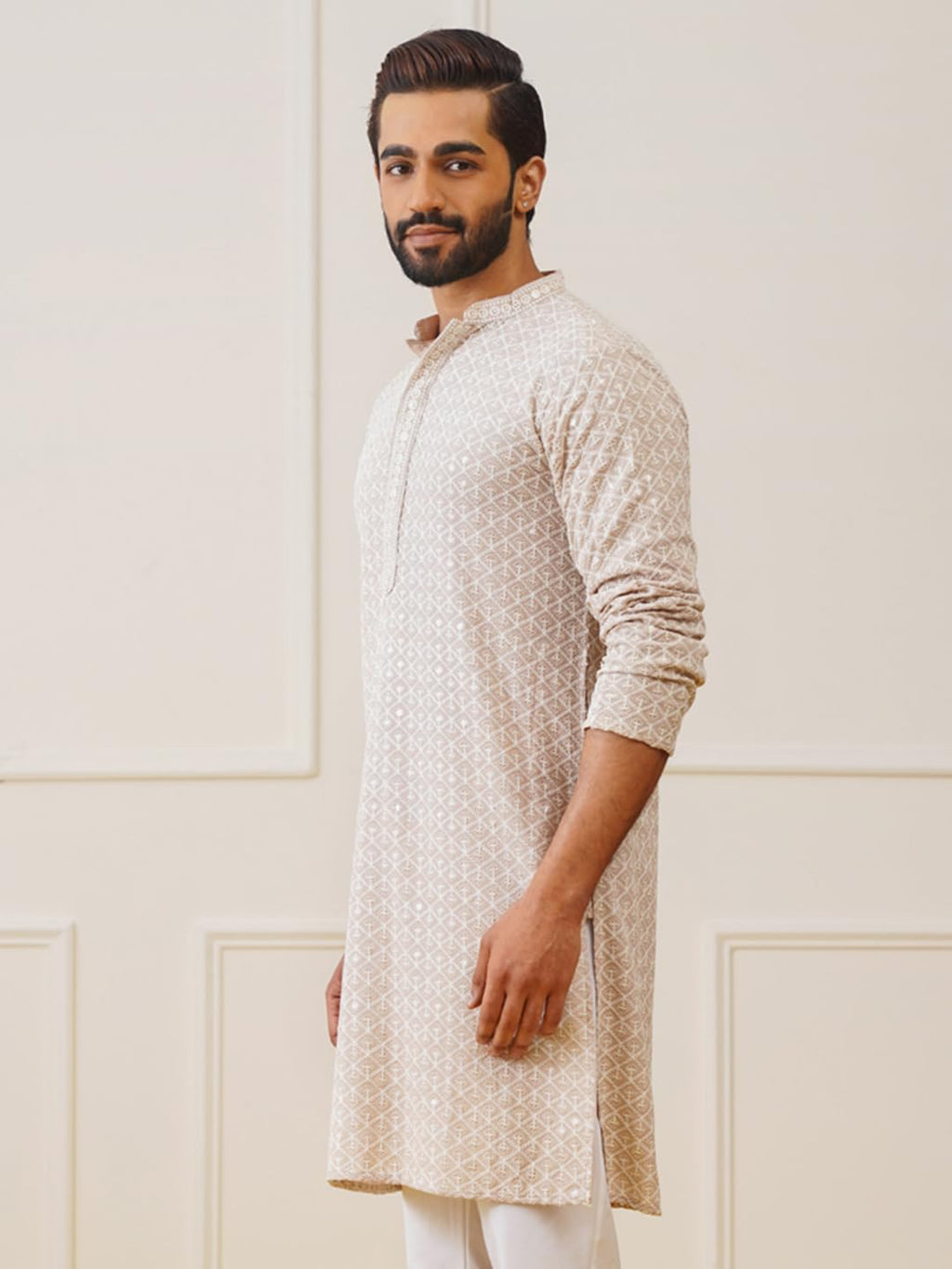 Jompers Mens Beige Sequin Embroidered Pure Cotton Kurtas (Beige, Xl)
