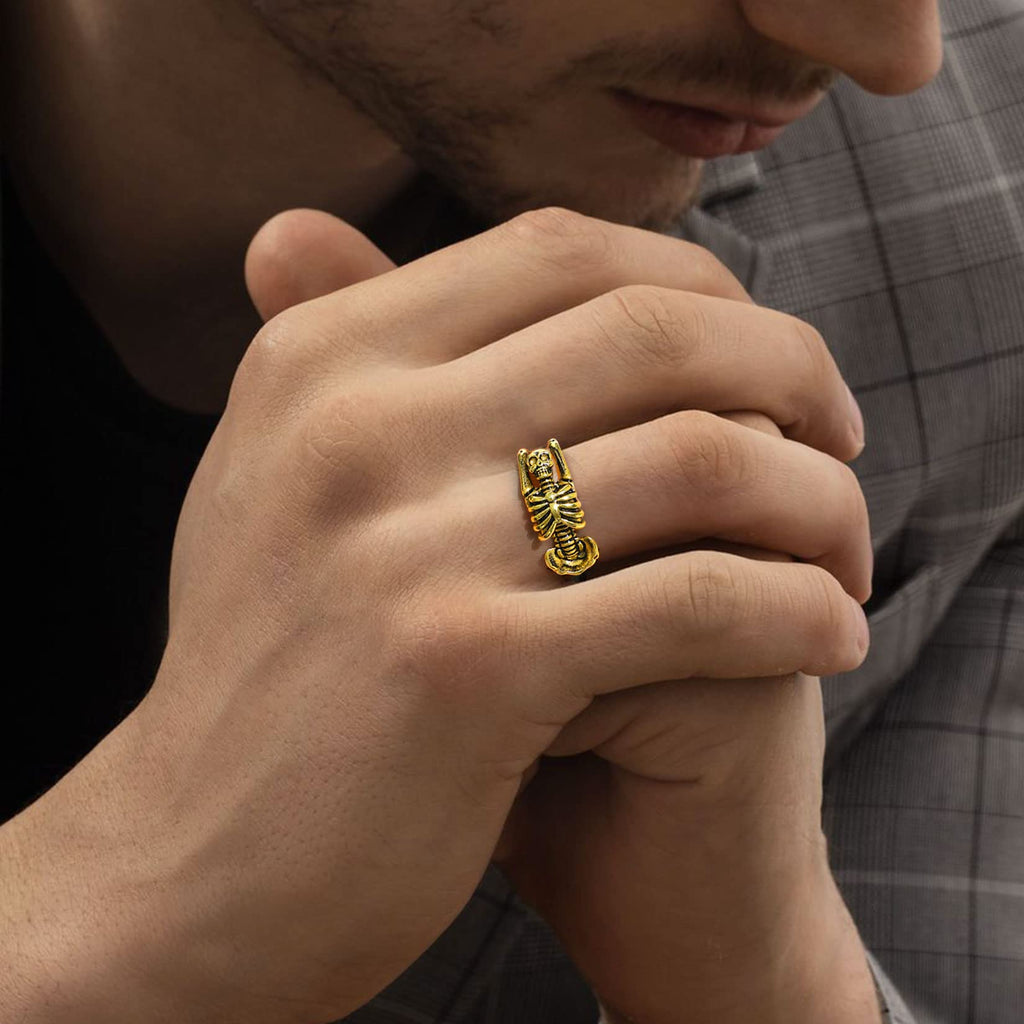 U7 Skeleton Rings 18k Gold Plated Halloween Costume Jewelry Gothic Punk Skull Ring Biker Size 8