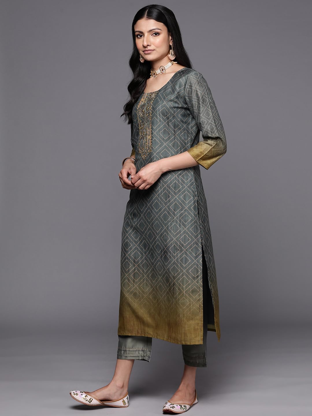 Libas WomenS Silk Blend Kurta Sets (38023O_Grey