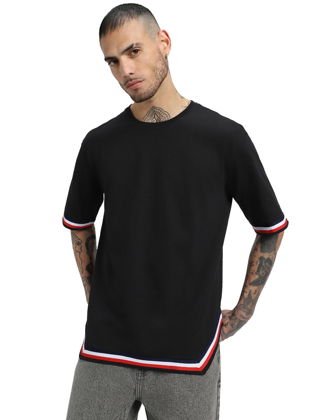 Veirdo Men's Cotton Oversized Baggy Fit Short Sleeve Round Neck Tapered Hemline with Side Cuts T-Shirt