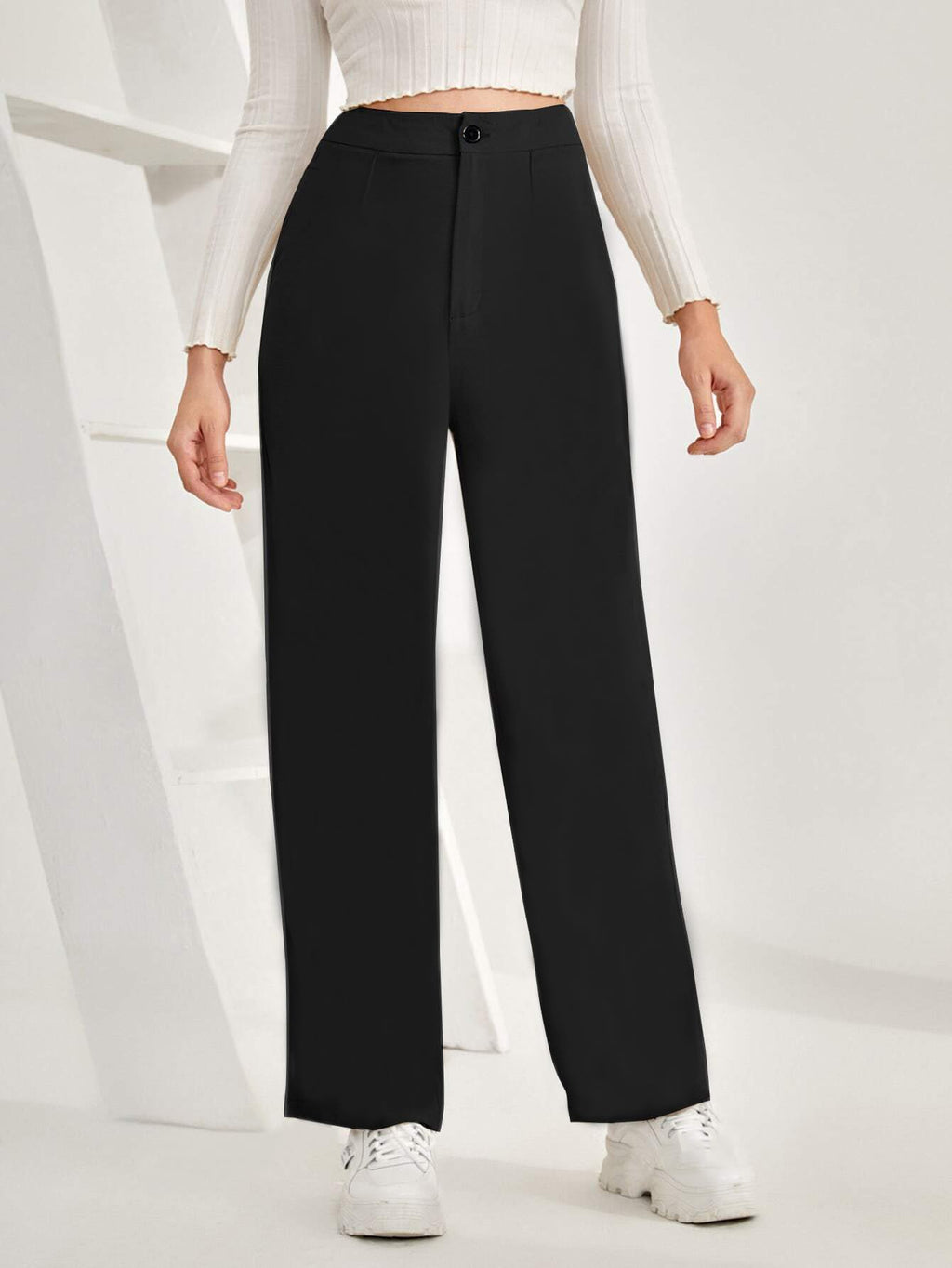 Toochki Loose Women High Rise Full Length Wide Leg Formal Trousers Black