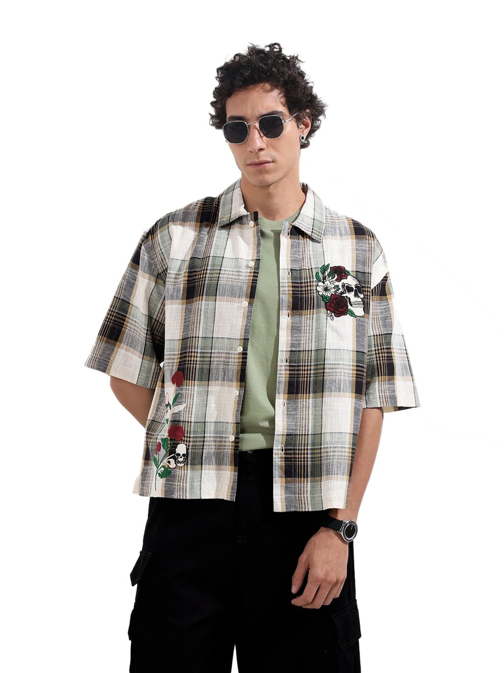 The Indian Garage Co Mens Oversized Checkered Cutaway Collar Half Sleeves Resort Shirt