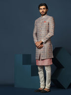 Kisah MenS Grey And Pink Indo-Western Kurta Sherwani Churidar Set Cotton Full Sleaves, Knee Length, Straight, Regular Fit, Mand