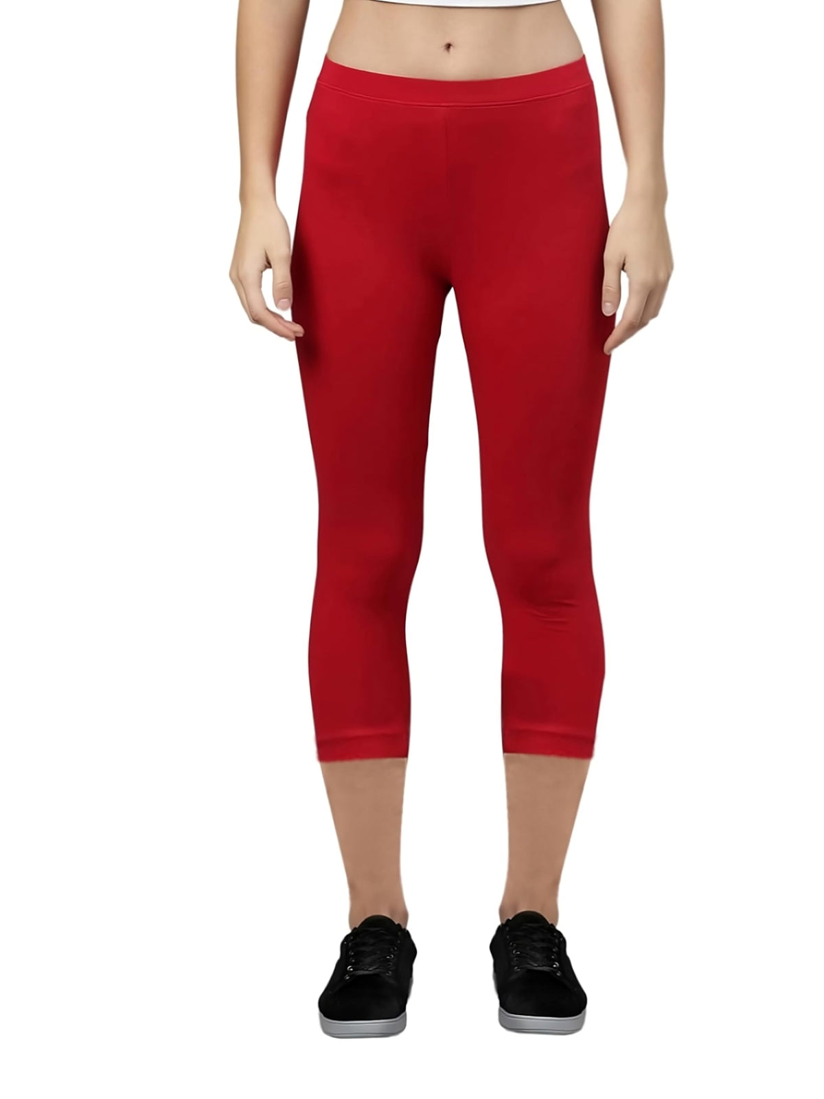 Rocksy Slim Fit Stretchable Cotton Red Capri Leggings For Women 3/4 MidRise Cropped Leggings |Wide Elastic Yoga Leggings | Work