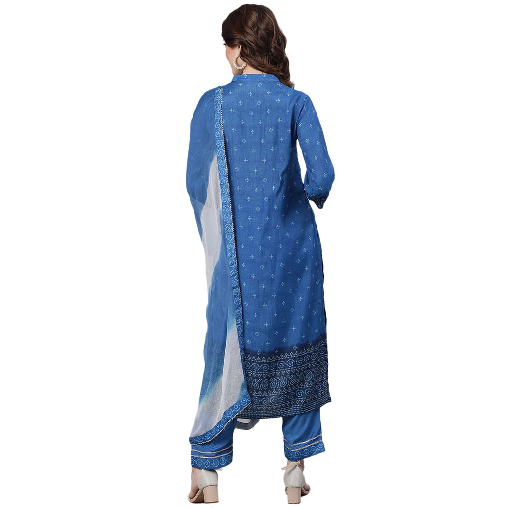 Ishin Women'S Silk Blend Blue Embroidered & Beads And Stones Work A-Line Kurta Suit Set With Dupatta & Pant