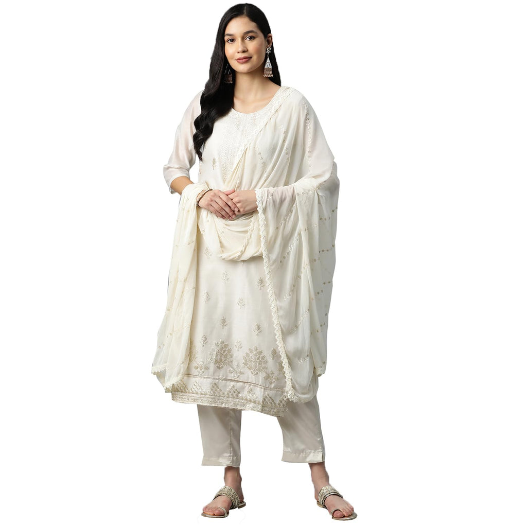 Ishin Silk Blend Embroidered Off White Straight Kurta Suit Set With Palazzos & Dupatta