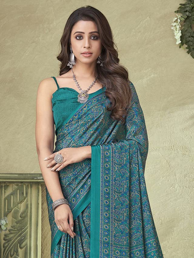 Satrani WomenS Silk Crepe Floral Printed Saree With Unstitched Blouse Piece