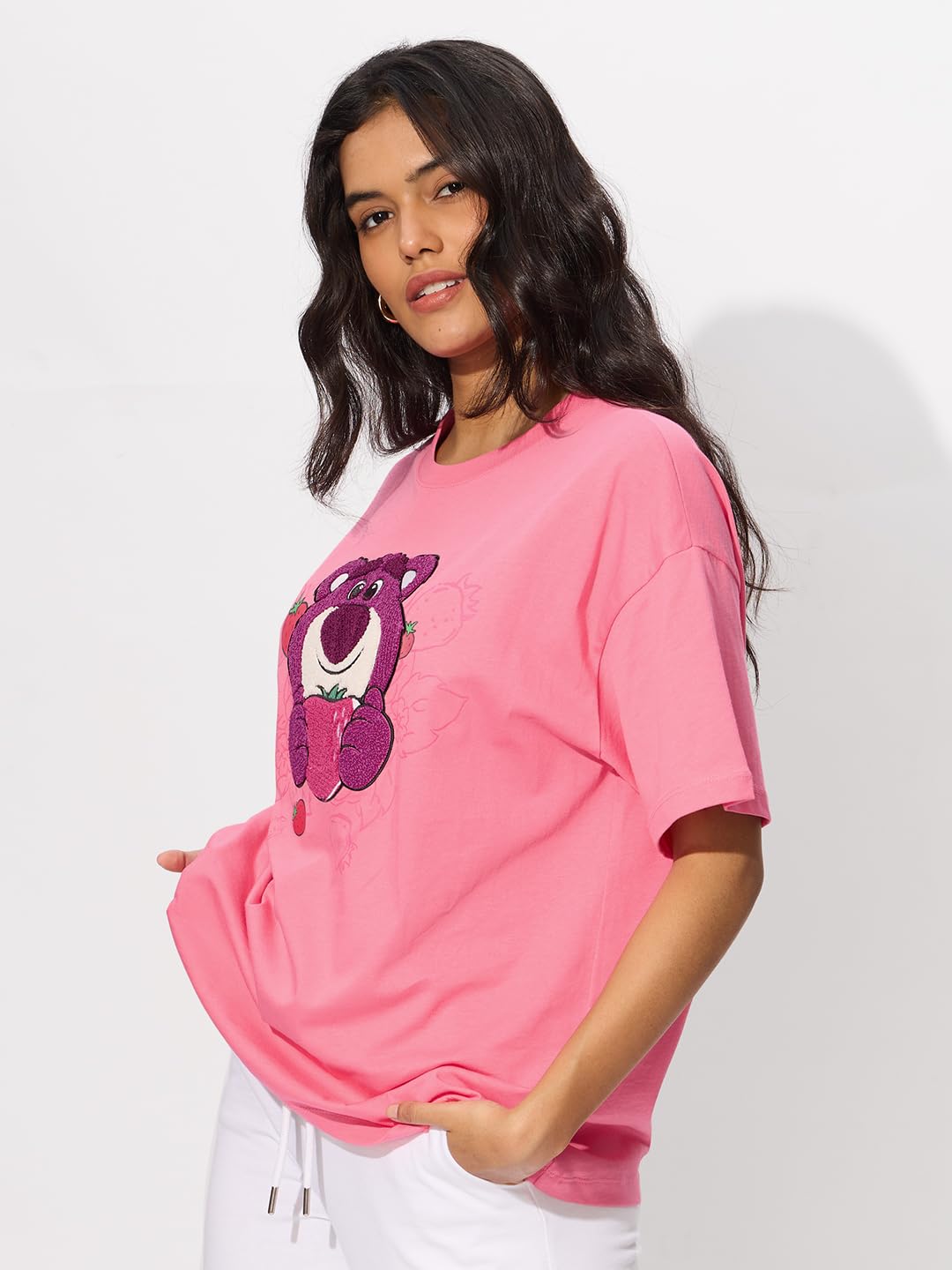 The Souled Store Official Toy Story: Lotso Love Women and Girls Short Sleeves Round Neck Embroidered Cotton Oversized T-Shirts P