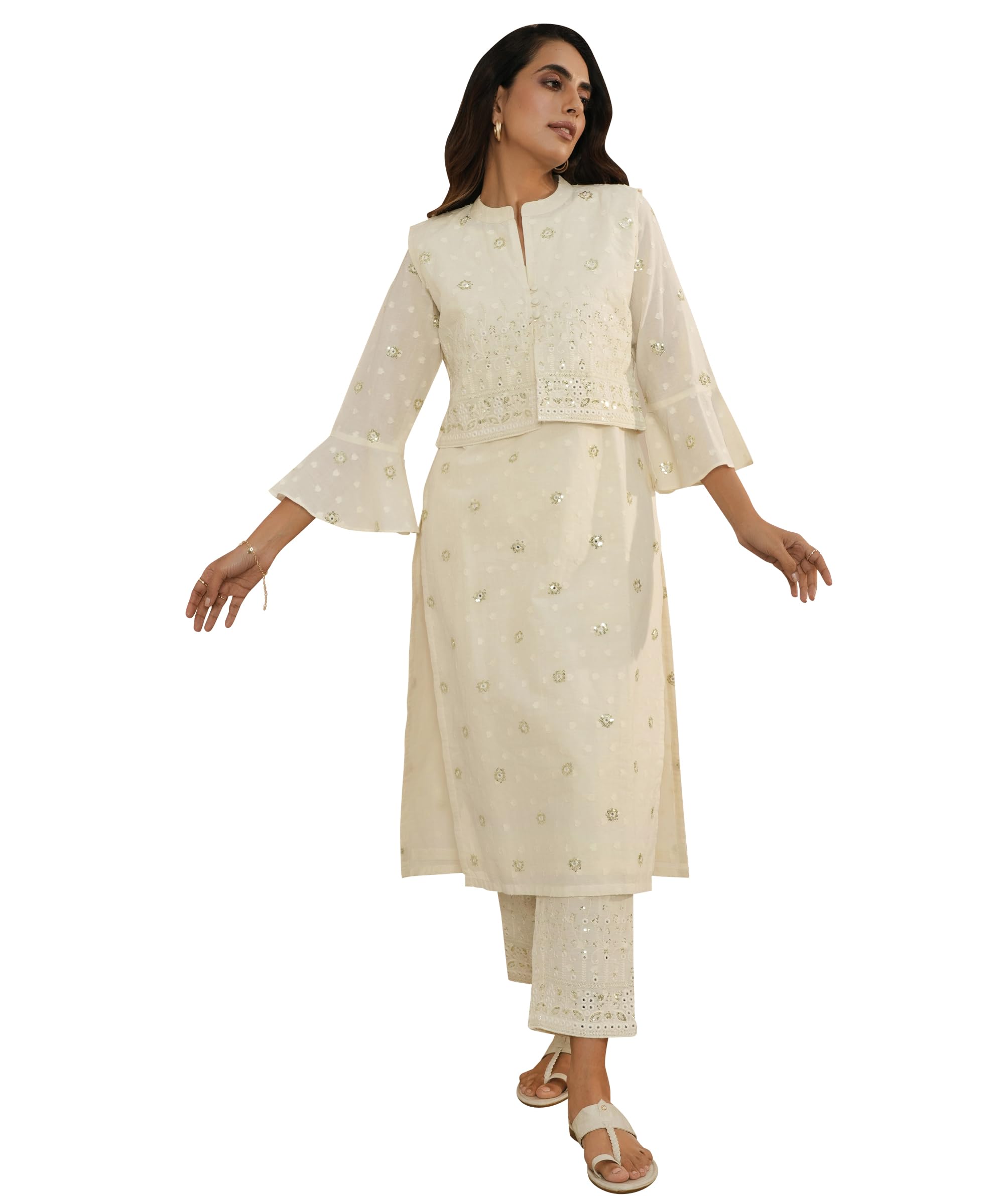 Libas Off White Embroidered Cotton Straight Kurta With Trousers & Dupatta