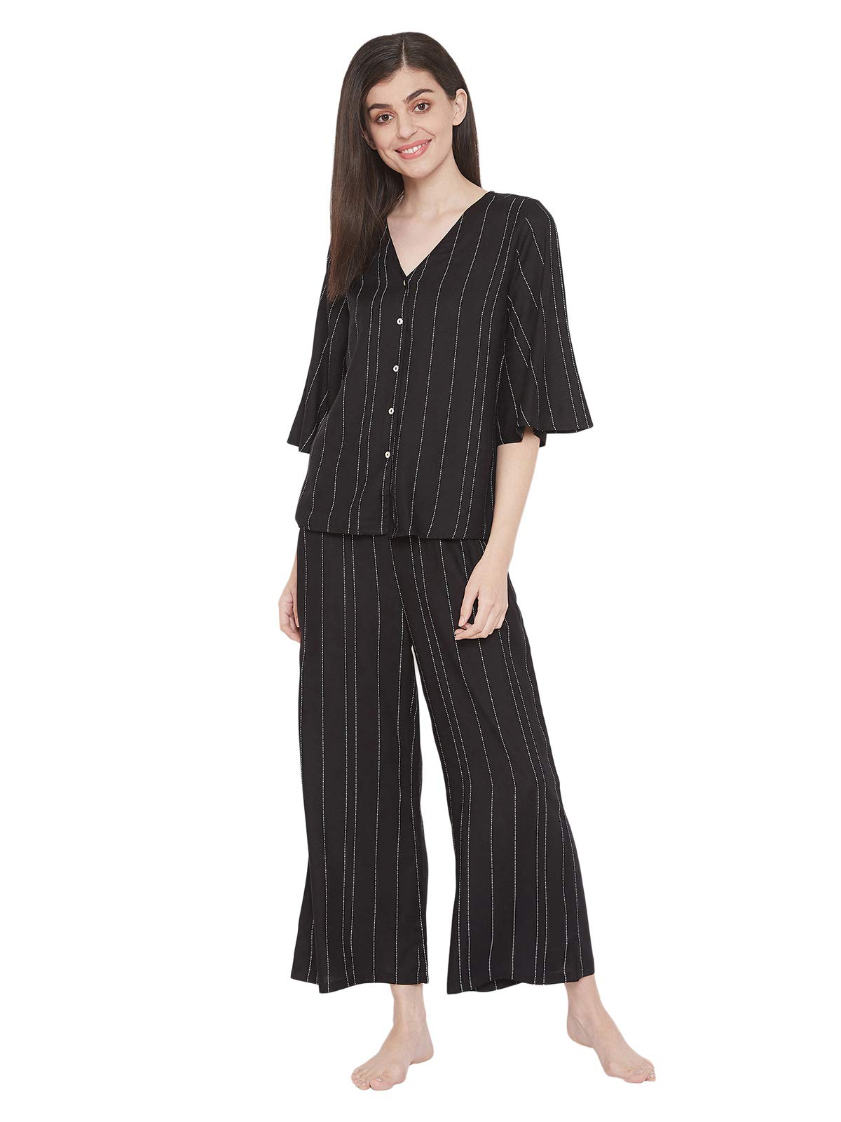 Clovia Womens Crepe Striped Pajama Set Pack of 2 (LS0538A13M_Black_M)