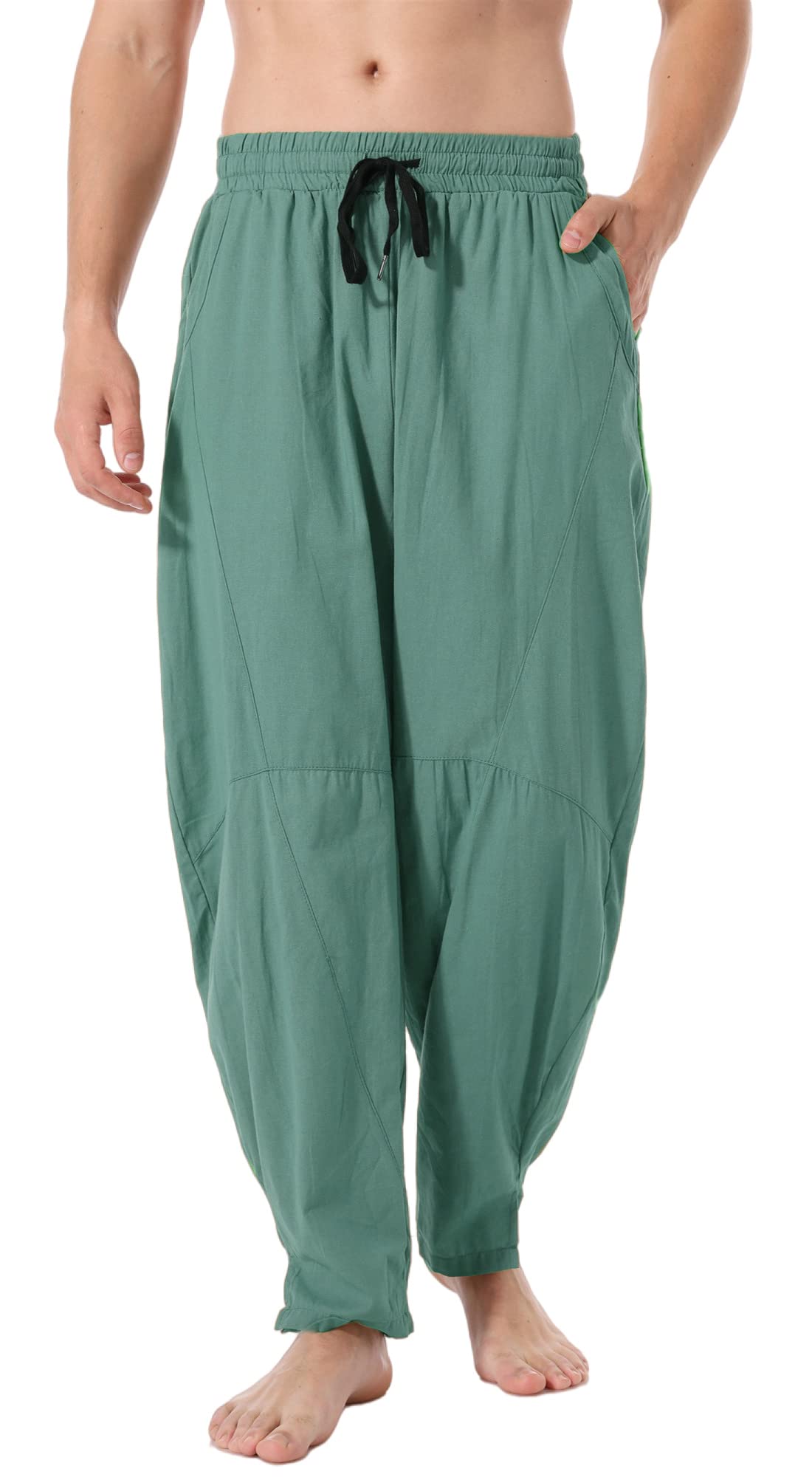 perdontoo Mens Linen Cotton Loose Fit Casual Lightweight Elastic Waist Summer Pants (XX-Large, Green)