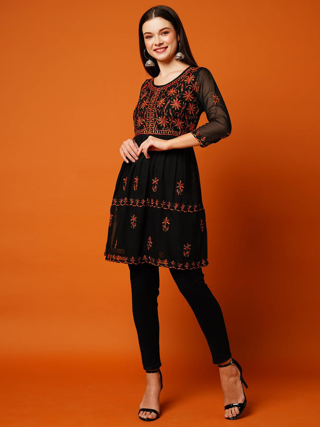 Anni Designer Women'S Georgette Chikankari Embroidered Short A-Line Clothing Set