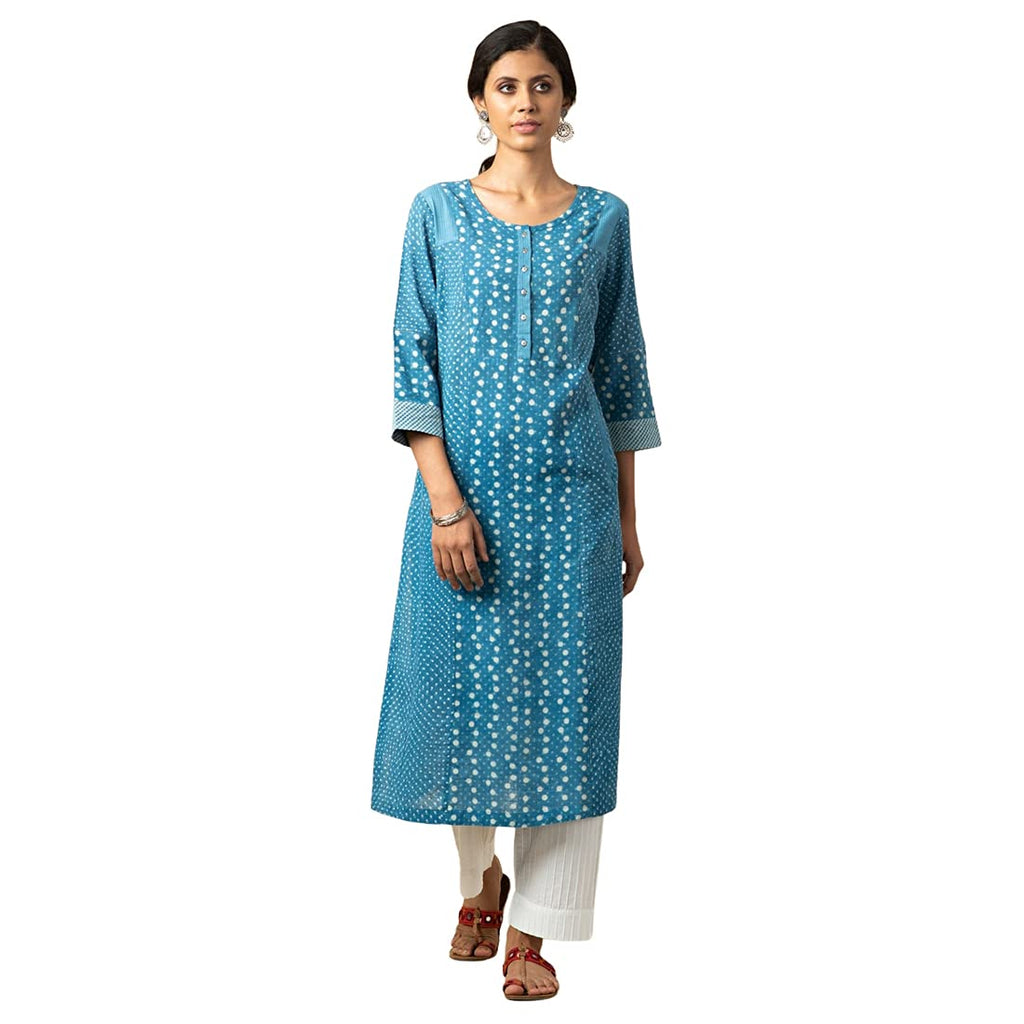Fabindia Women Slub Printed Long Kurta Cotton_Xs Indigo