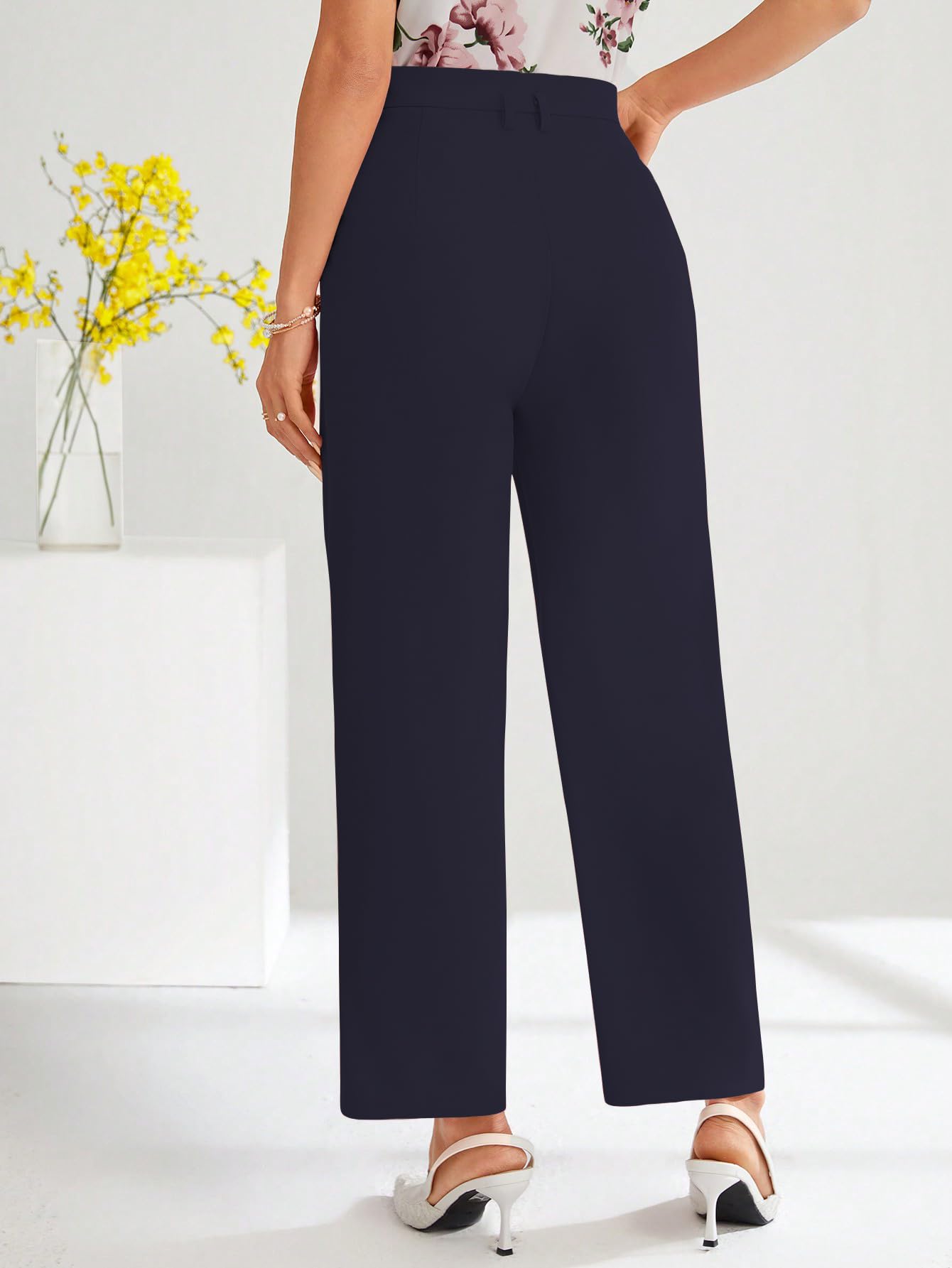 Shasmi Womens Navy Blue High Waist Pleated Straight Leg Trousers  Elegant Solid Color Work Pants with Pockets, Casual Office Wea
