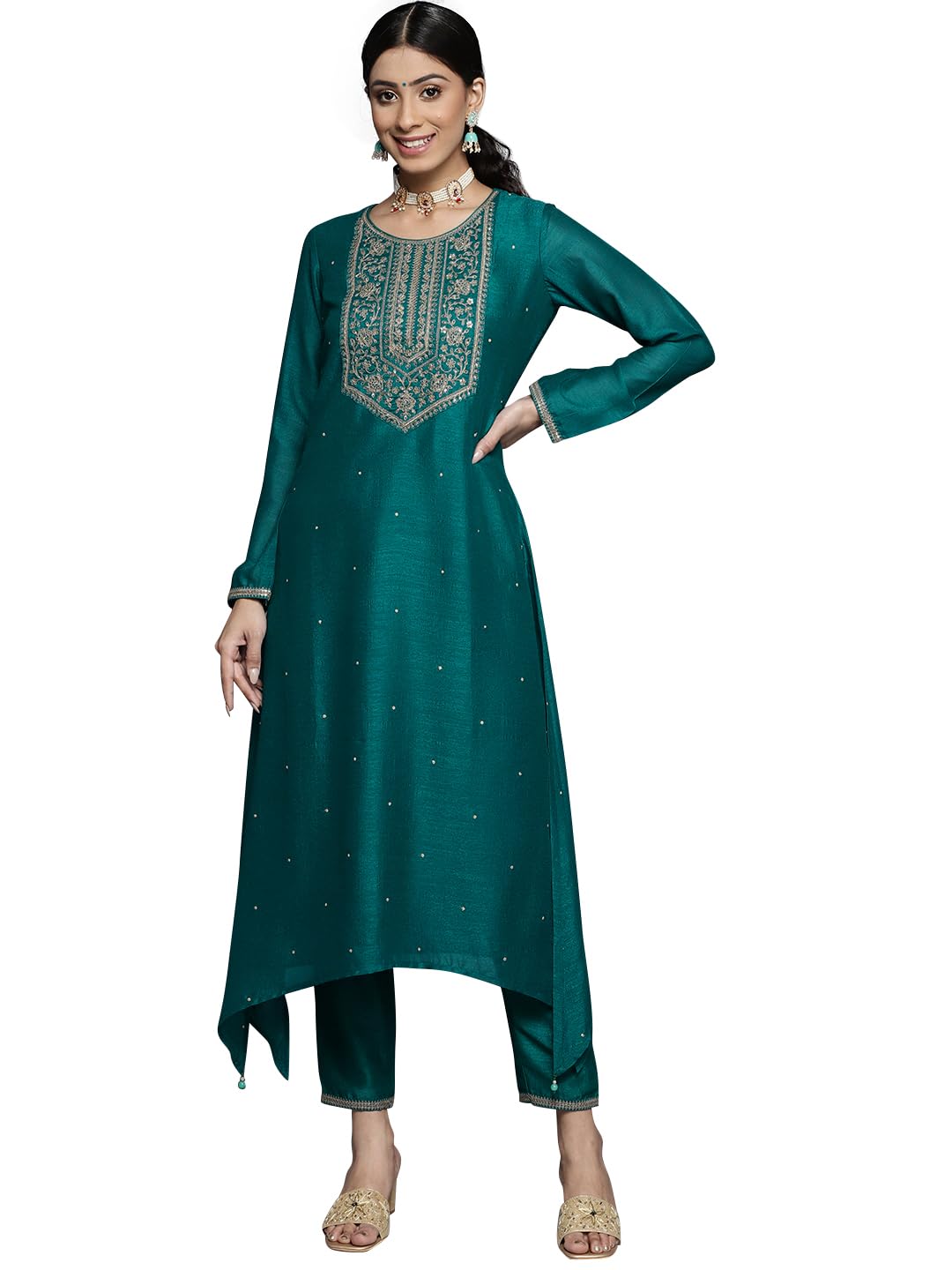 Libas WomenS Silk A-Line Kurta (23516Or_Teal