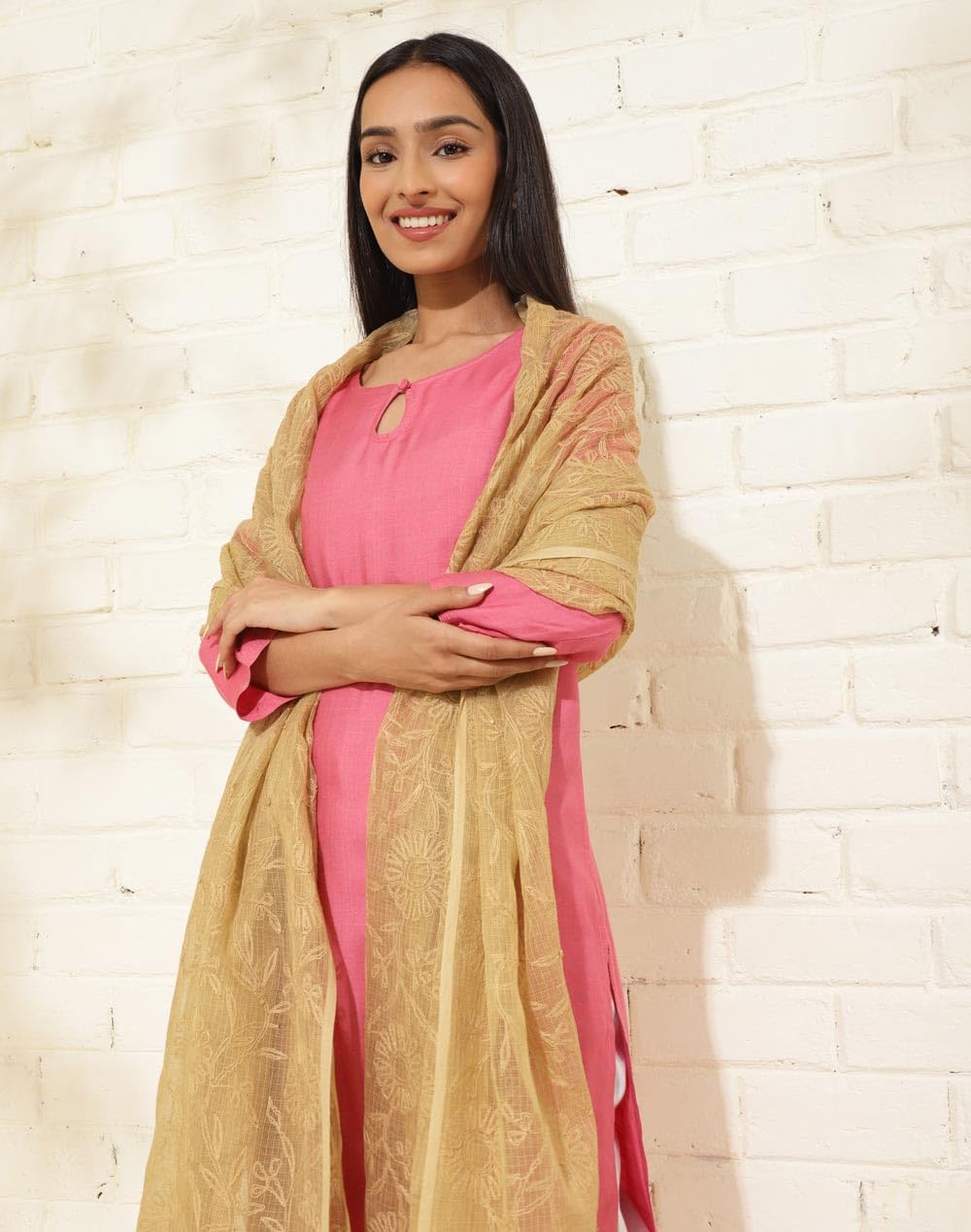 Fabindia Beige Cotton Silk Chikankari Embroidered Dupatta For Women (Free Size)