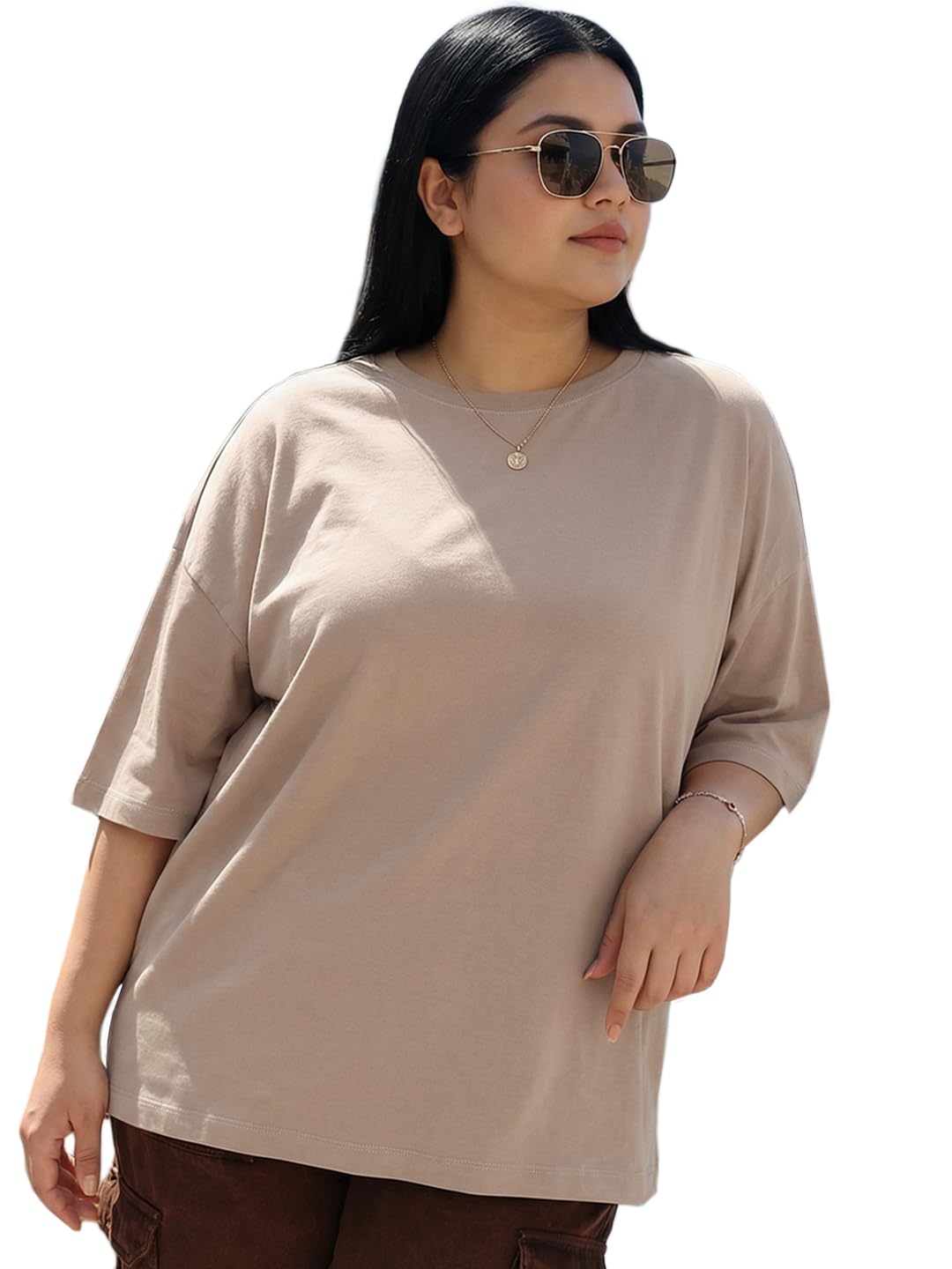 Bewakoof Heavy Duty 1.0 Womens Solid Oversized Fit Half Sleeve Round Neck Terry T-Shirt_659445_Brown_4XL