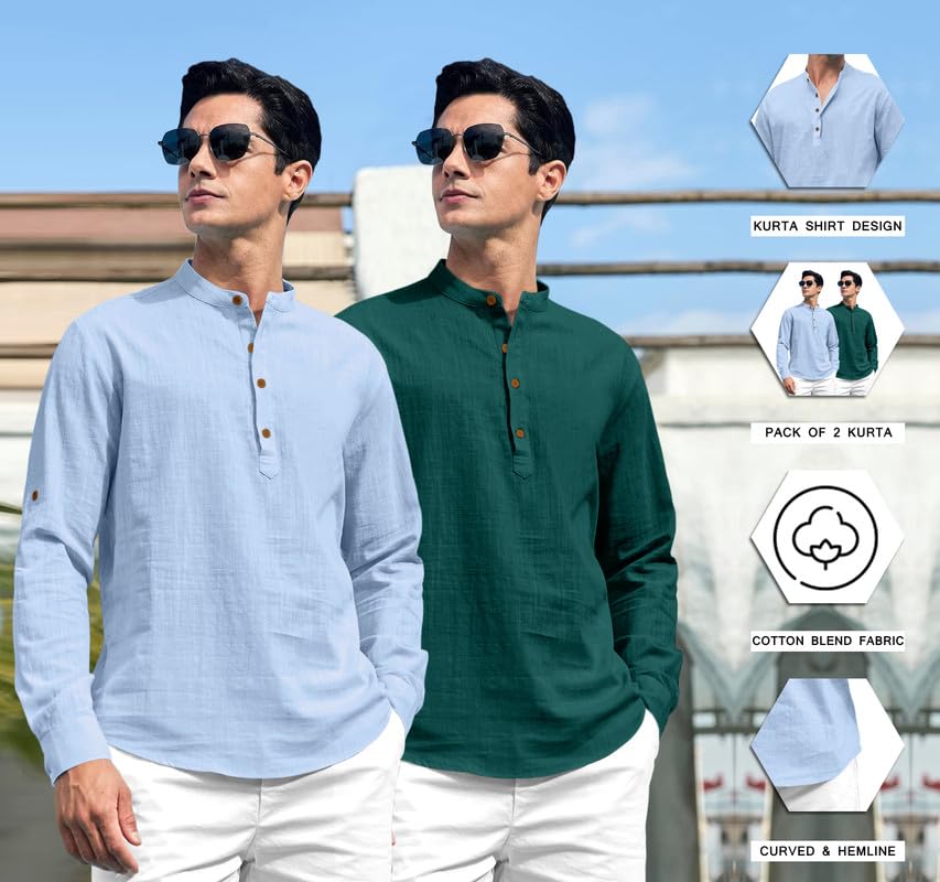 Royalscout Combo Of MenS Solid Cotton Blend Full Sleeve Straight Kurta Shirt (Pack Of 2)