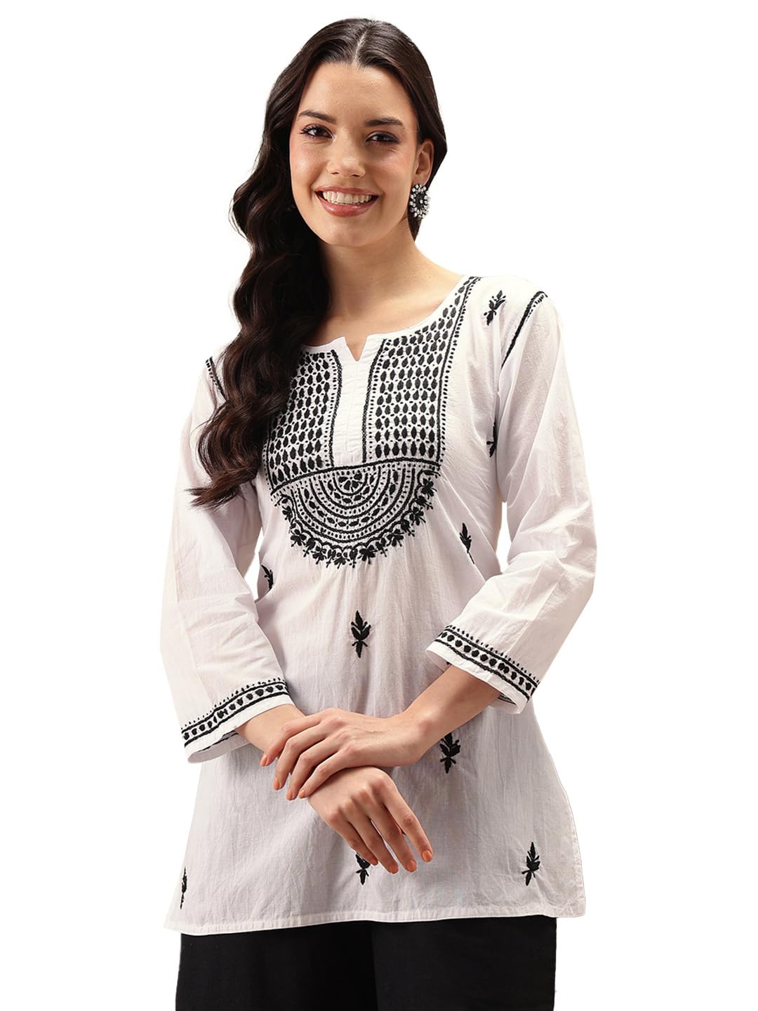 Ada Women Hand Embroidered Lucknow Chikankari Cotton Regular Fit Short Top Tunic Kurti A911111 (2Xl, White) 2